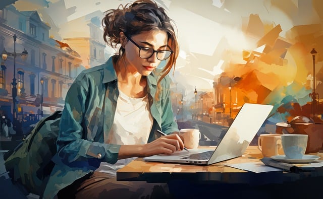 influencer woman using laptop computer in watercolor style